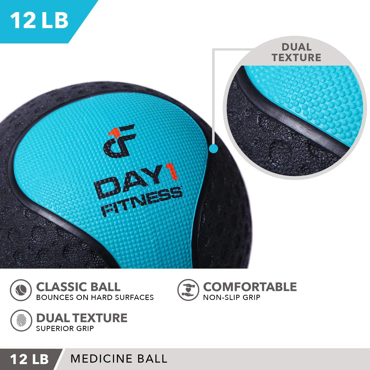 Day 1 Fitness Medicine Exercise Ball with Dual Texture for Superior Grip -10 Size and Bundle Options, 4-20 Pounds -Fitness Balls for Plyometrics Workouts -Improves Balance, Flexibility Coordination
