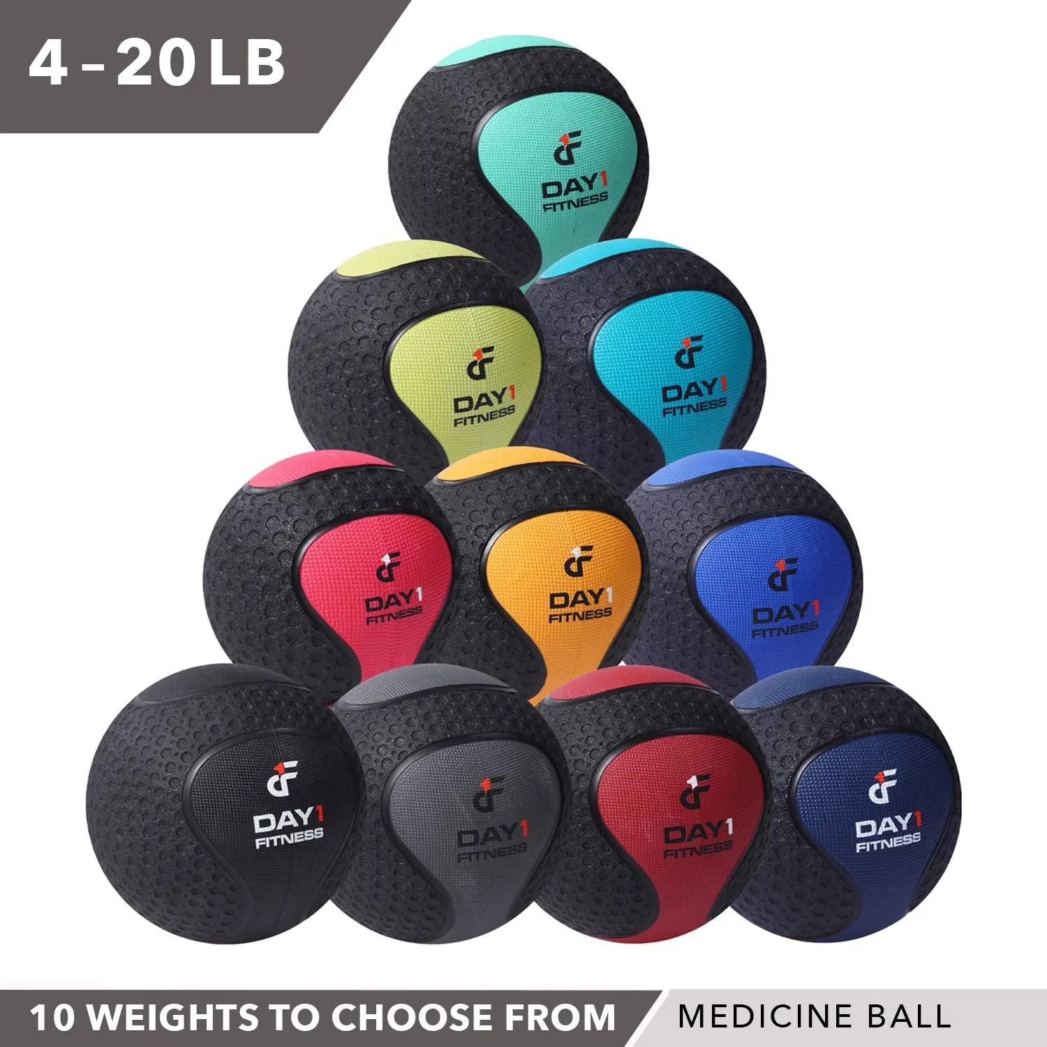 Day 1 Fitness Medicine Exercise Ball with Dual Texture for Superior Grip -10 Size and Bundle Options, 4-20 Pounds -Fitness Balls for Plyometrics Workouts -Improves Balance, Flexibility Coordination
