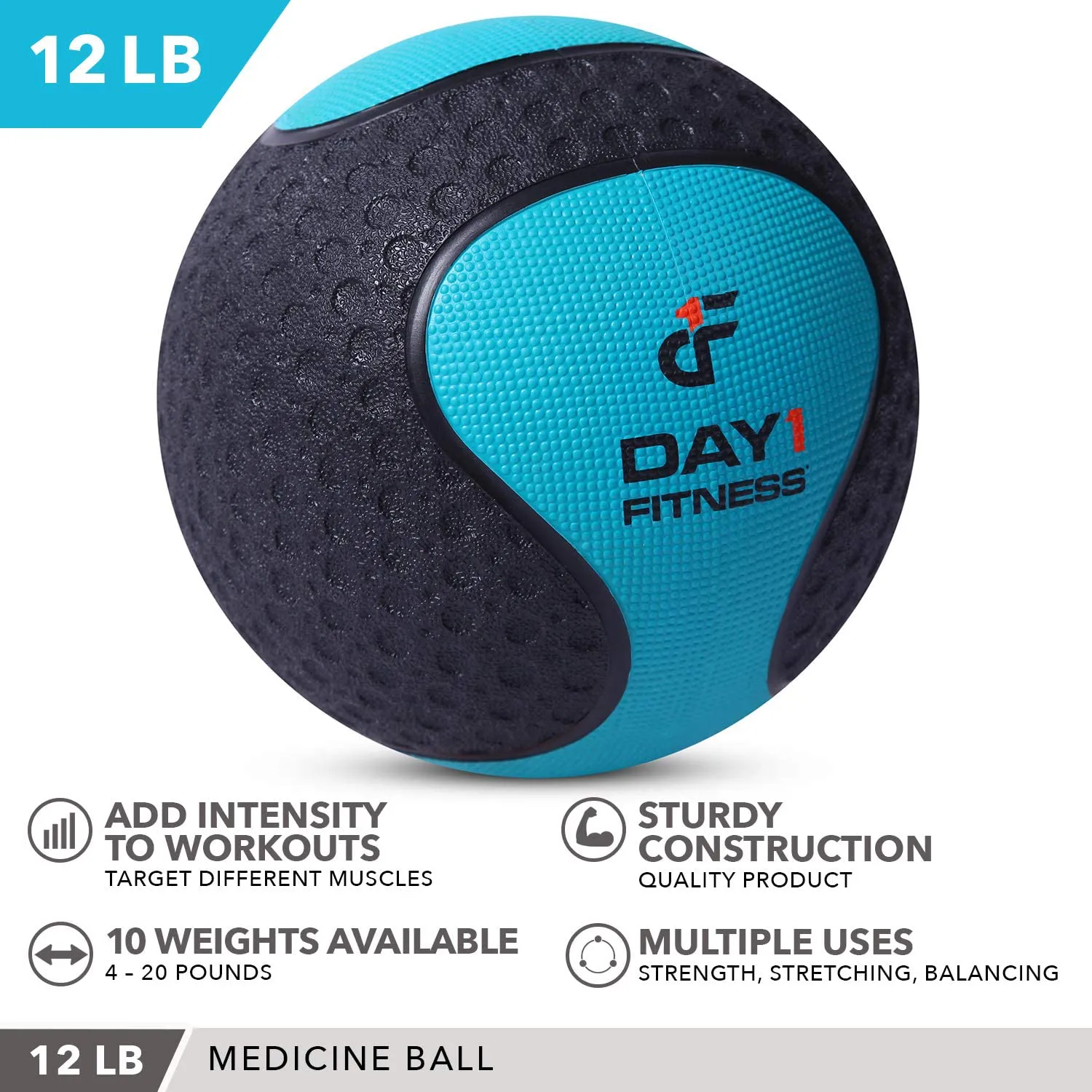 Day 1 Fitness Medicine Exercise Ball with Dual Texture for Superior Grip -10 Size and Bundle Options, 4-20 Pounds -Fitness Balls for Plyometrics Workouts -Improves Balance, Flexibility Coordination
