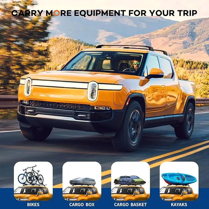 Lockable Roof Rack Cross Bars Compatible with Rivian R1T 2022 2023 2024 2025, Truck Pickup Heavy Duty 220lbs Aluminum Roof Rails Crossbars Cargo Black Rooftop Cargo Carrier Luggage