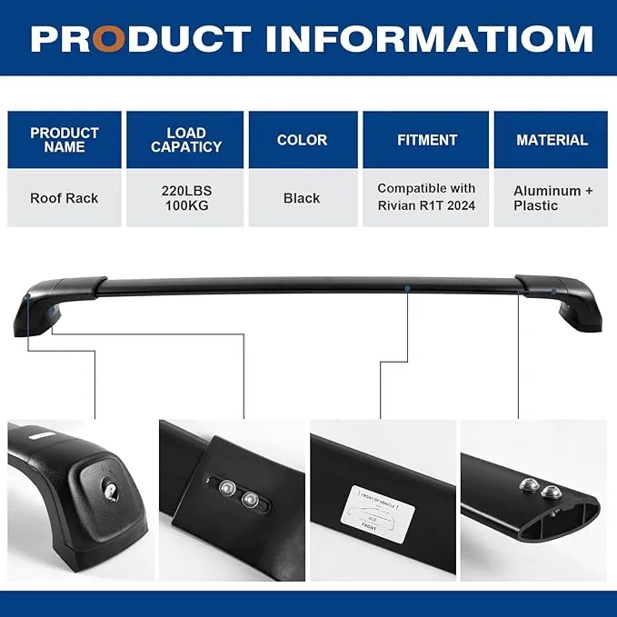 Lockable Roof Rack Cross Bars Compatible with Rivian R1T 2022 2023 2024 2025, Truck Pickup Heavy Duty 220lbs Aluminum Roof Rails Crossbars Cargo Black Rooftop Cargo Carrier Luggage