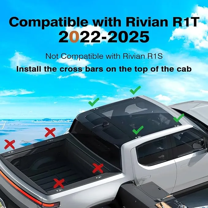 Lockable Roof Rack Cross Bars Compatible with Rivian R1T 2022 2023 2024 2025, Truck Pickup Heavy Duty 220lbs Aluminum Roof Rails Crossbars Cargo Black Rooftop Cargo Carrier Luggage