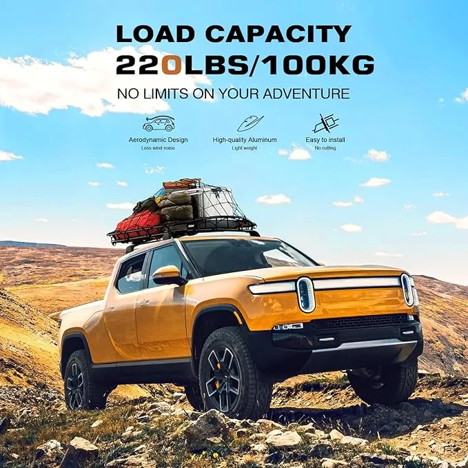 Lockable Roof Rack Cross Bars Compatible with Rivian R1T 2022 2023 2024 2025, Truck Pickup Heavy Duty 220lbs Aluminum Roof Rails Crossbars Cargo Black Rooftop Cargo Carrier Luggage
