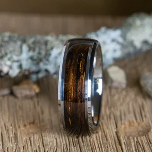 "Black Barrel" tungsten ring with charred bourbon barrel wood