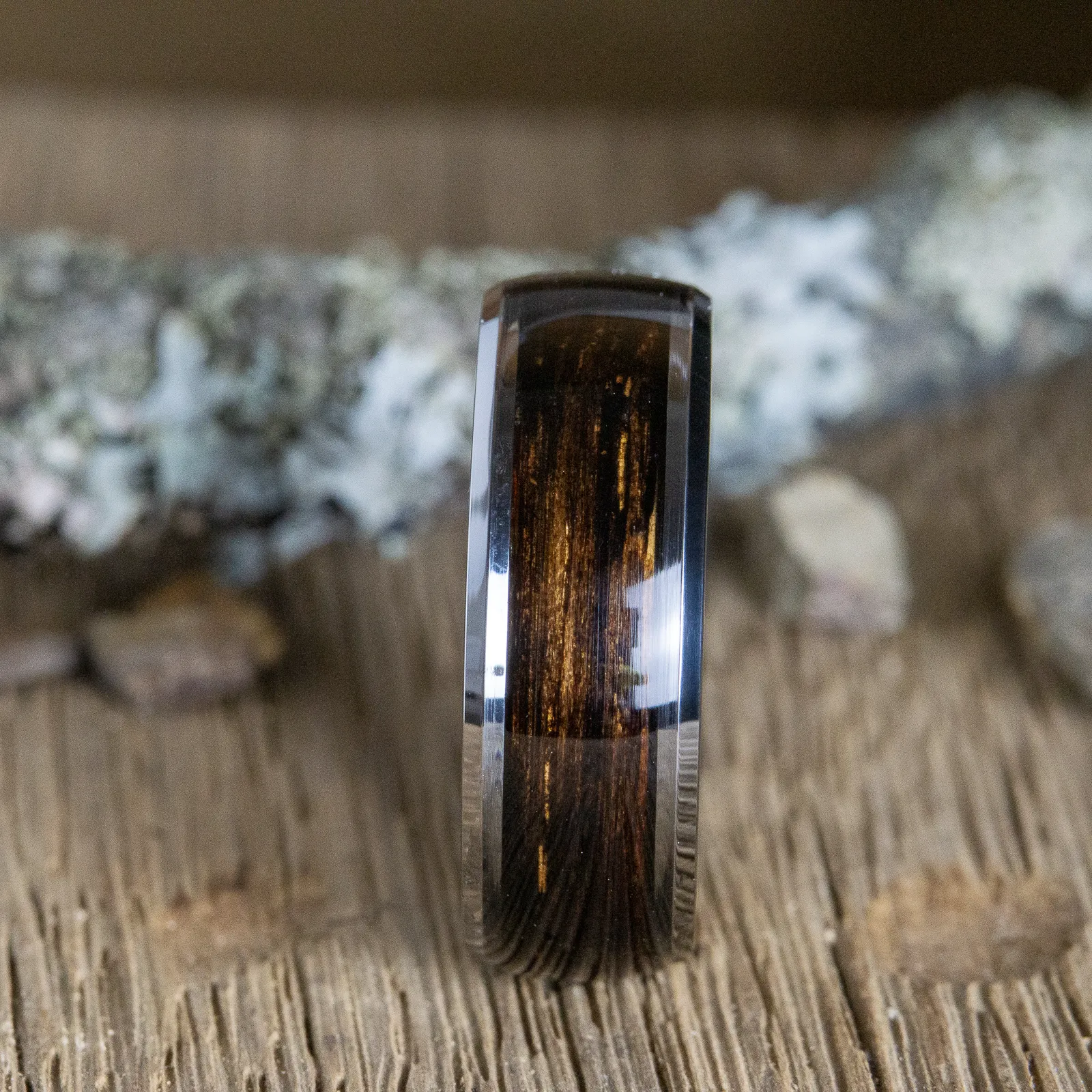 "Black Barrel" tungsten ring with charred bourbon barrel wood