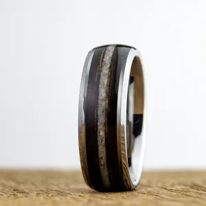 "Bourbon&Pearl" Charred Bourbon barrel wood and mother of pearl inlay tungsten ring
