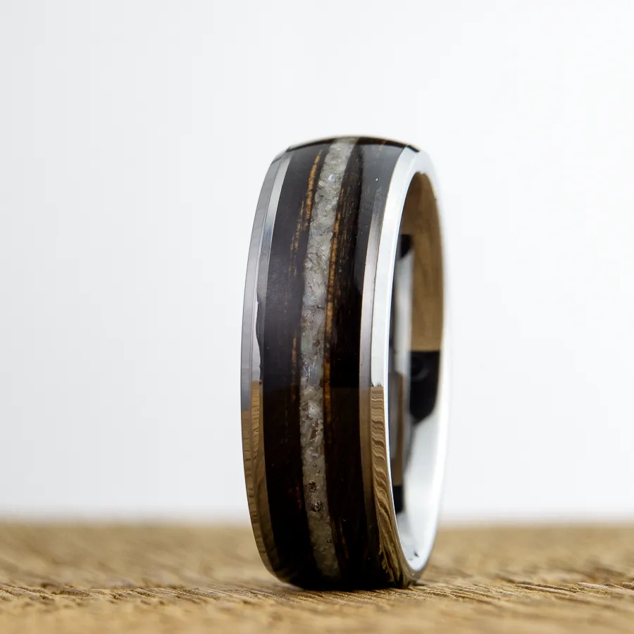 "Bourbon&Pearl" Charred Bourbon barrel wood and mother of pearl inlay tungsten ring