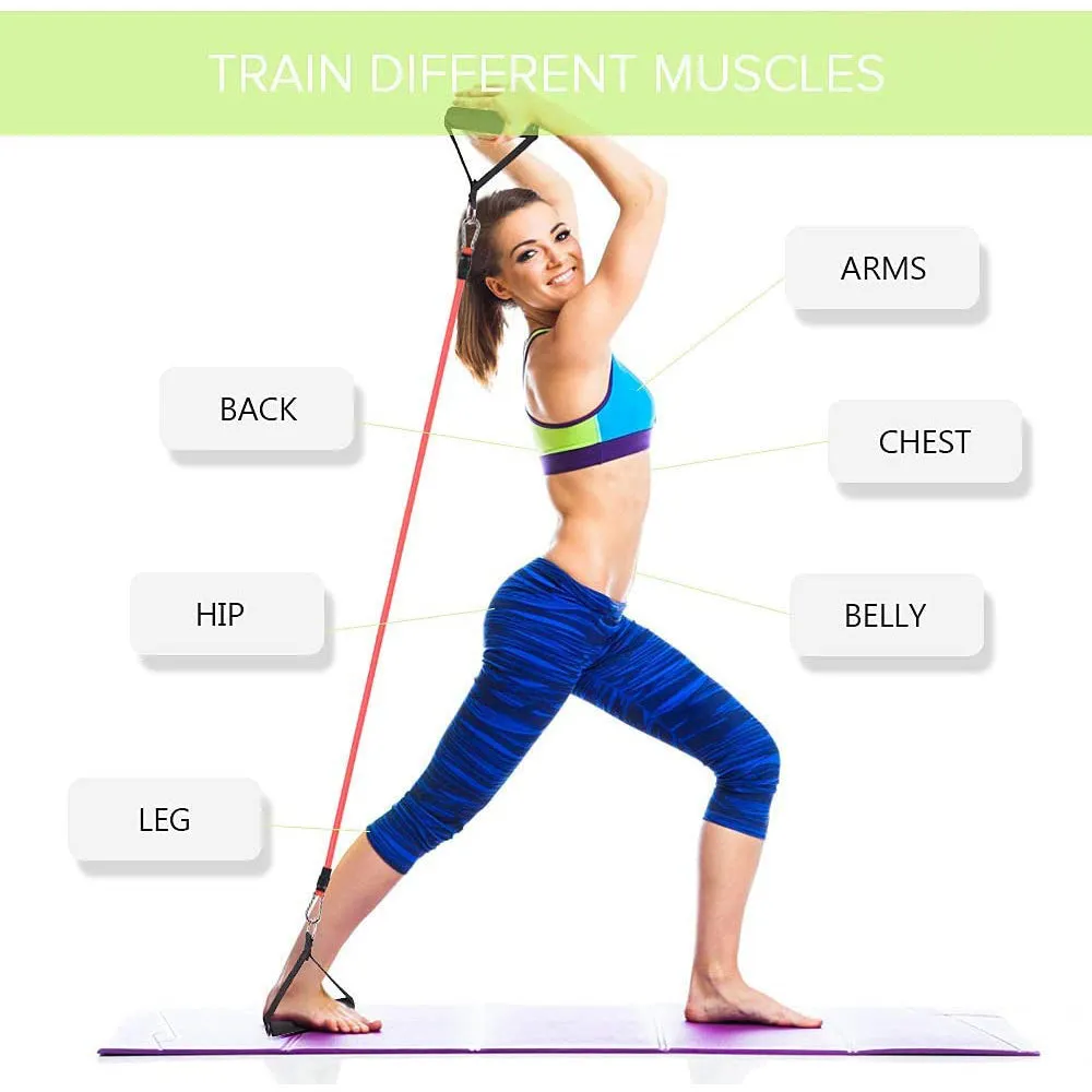 Set of 11 Home Exercise Resistance Band With Foam Handles, Ankle Straps & Door Anchor Attachment
