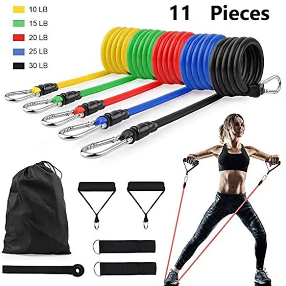 Set of 11 Home Exercise Resistance Band With Foam Handles, Ankle Straps & Door Anchor Attachment