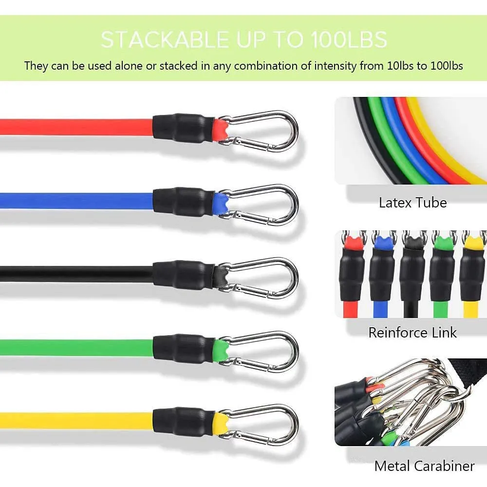 Set of 11 Home Exercise Resistance Band With Foam Handles, Ankle Straps & Door Anchor Attachment