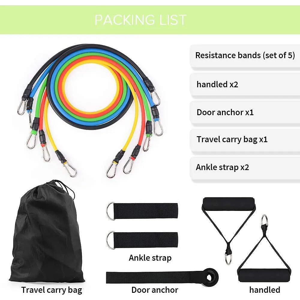 Set of 11 Home Exercise Resistance Band With Foam Handles, Ankle Straps & Door Anchor Attachment