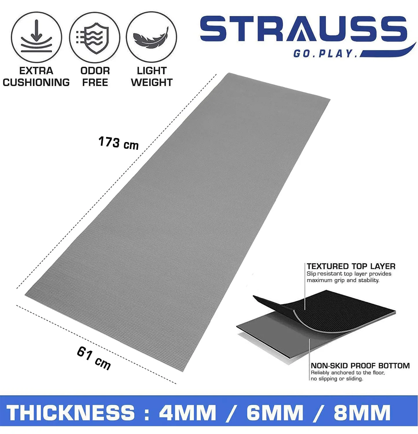 Strauss Yoga Mat (Yogasana), 6 mm (Blue)